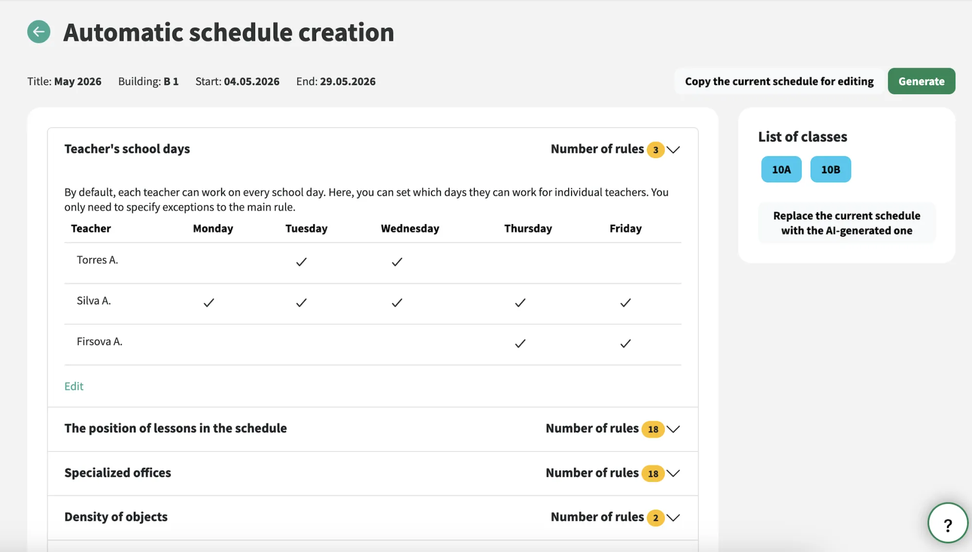 Configuração de regras para a elaboração automática de horários
