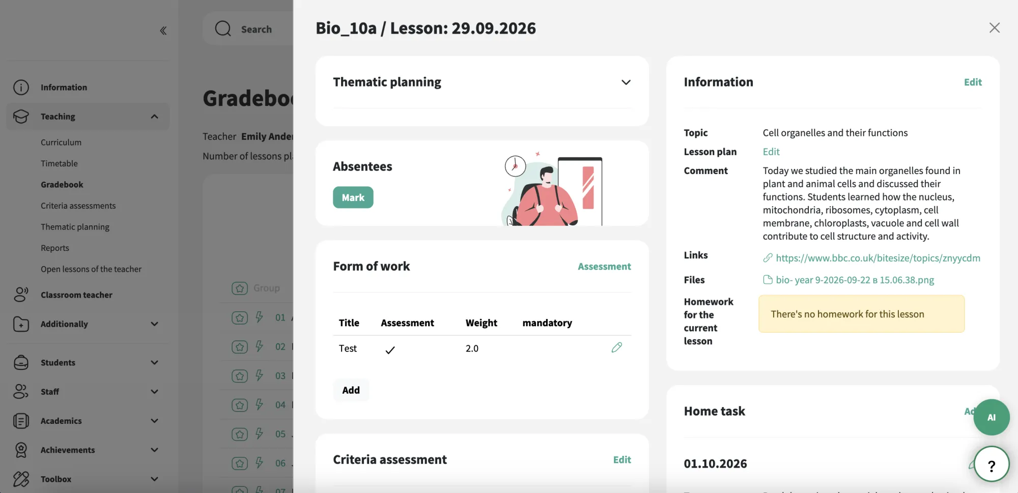 Informação de cada aula