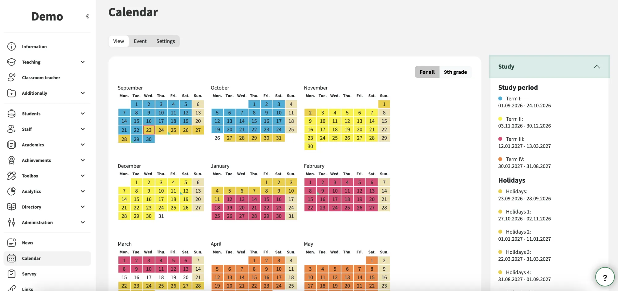 Calendário de eventos escolares