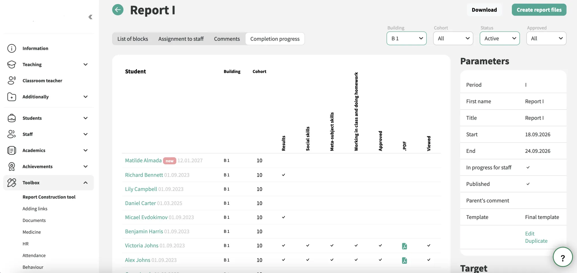 Estado de preenchimento dos relatórios