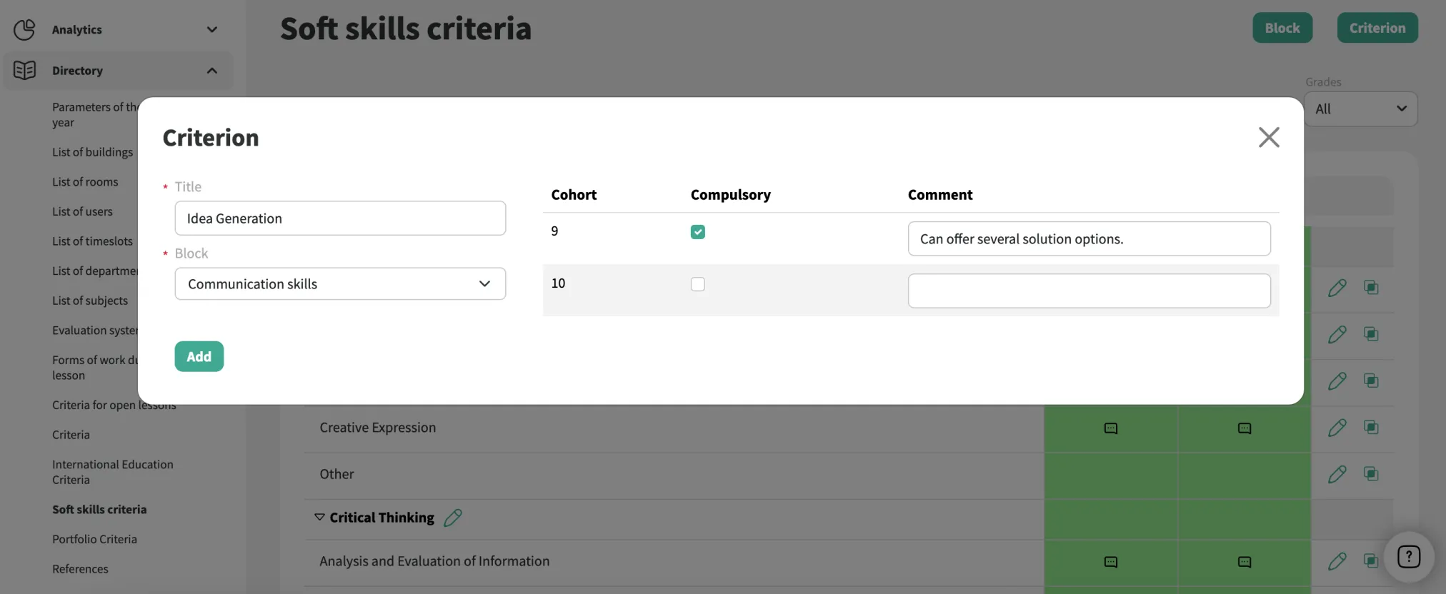 Configuração dos critérios de competências socioemocionais
