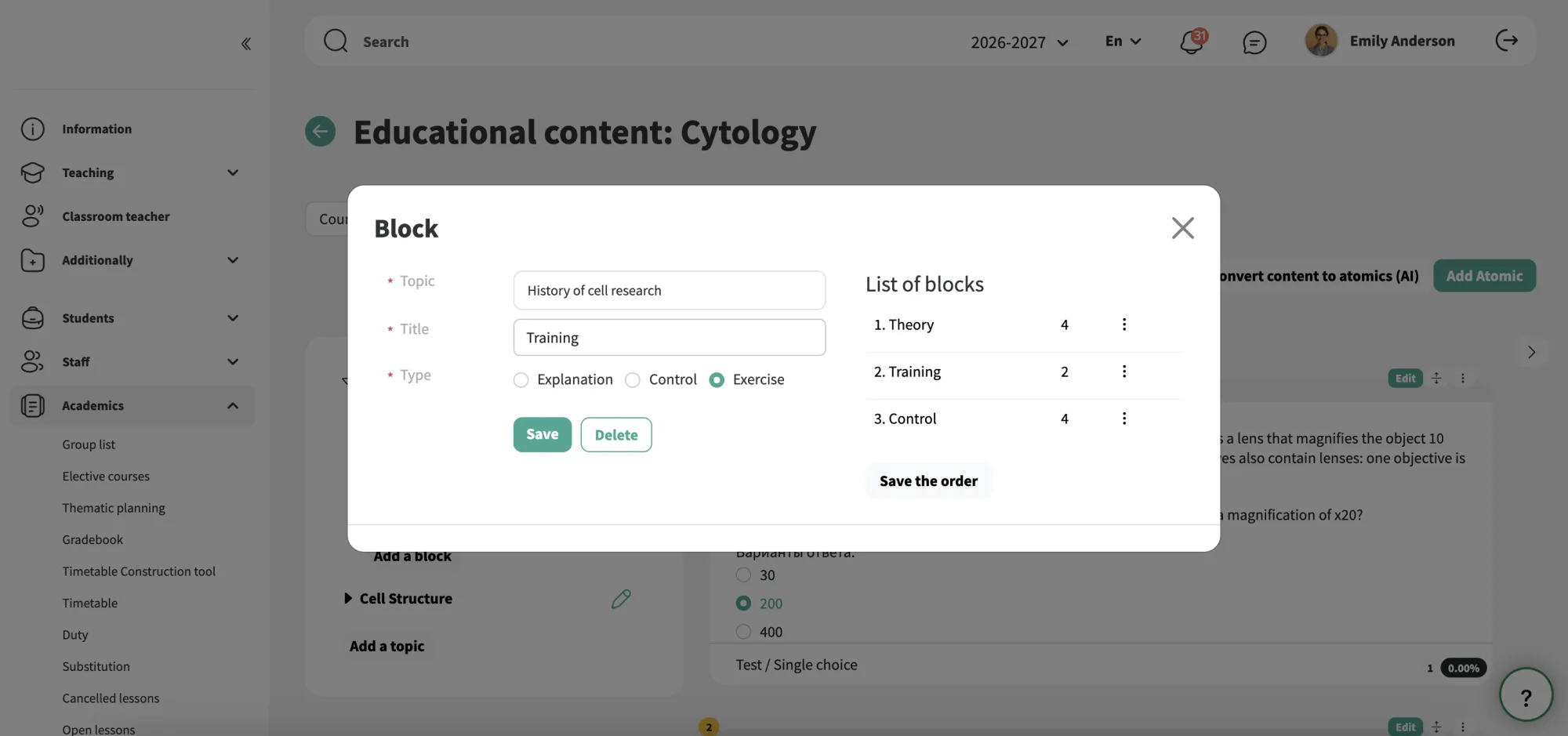 Organização dos conteúdos dos cursos