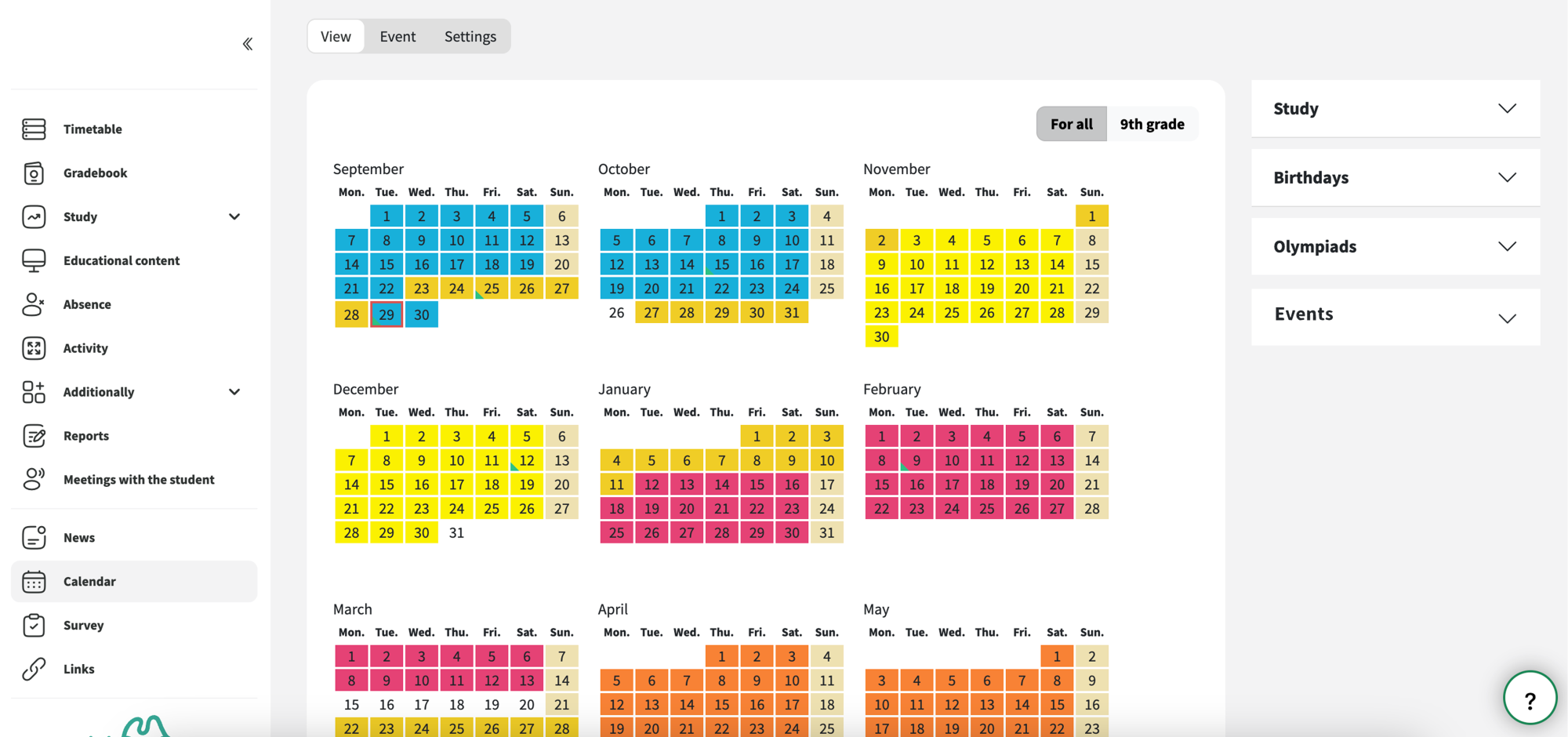 Calendário pessoal de eventos escolares