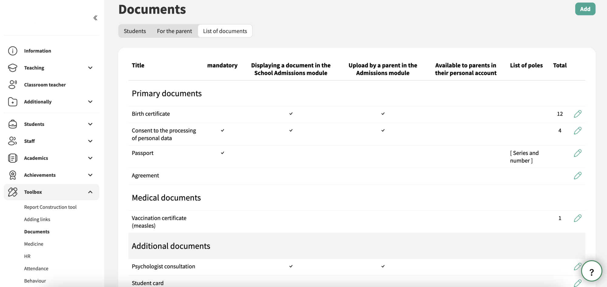 Definição dos documentos necessários para os alunos
