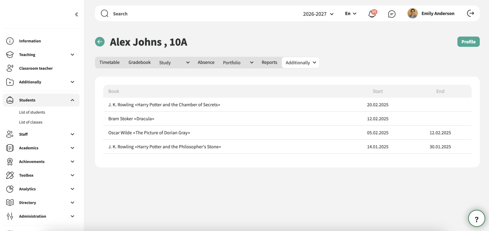 Consulta dos livros requisitados e das datas de devolução
